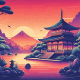 free vector Gradient japanese temple with lake
