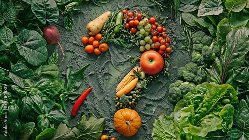 Fruits and vegetables provide a question mark  ideas about healthy eating. © Sawitree88