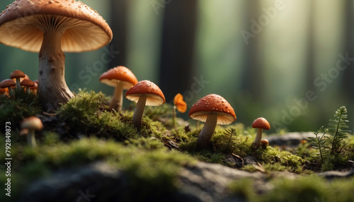 Mushrooms in he forest Miniature landscape, spring,  forest 3D stereoscopic effect photo