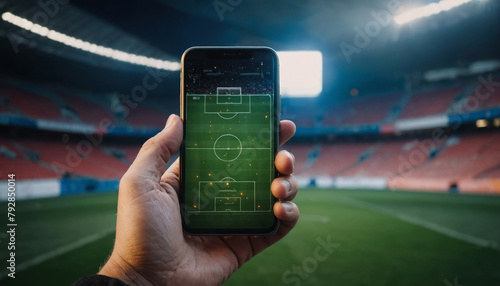 Hand holding a smartphone displaying a soccer ball with spark effects at a stadium

 photo