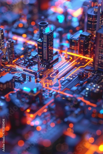A macro view of a computer chip, its intricate pathways and components resembling a futuristic cityscape, photorealistic © ktianngoen0128
