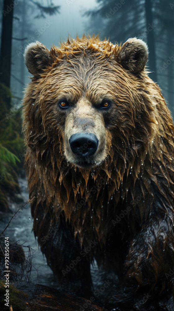 The Angry Big Bear Standing In Rain Forest With A Man The Angry Big Bear Standing In Rain Forest With A Man