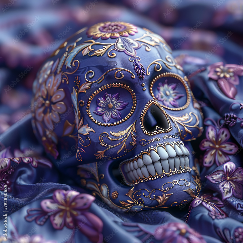 Abstract skulls for print design. Wallpaper for mobile phones with the image of a skull and scarlet flowers on lilac fabric.