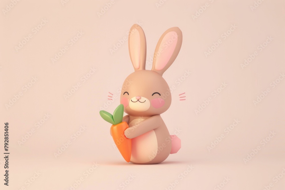 Fototapeta premium Adorable rabbit with carrot in its paws standing on a pink background, 3D illustration of cute animal concept