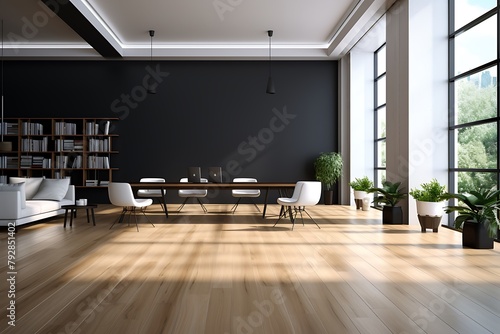 Interior of modern office with gray walls, concrete floor, rows of brown leather armchairs standing near wooden coffee tables and bookcases. 3d rendering © Creative