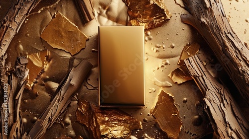 A golden rectangular perfume box was placed in three quarters with tree bark around it on a golden background. photo