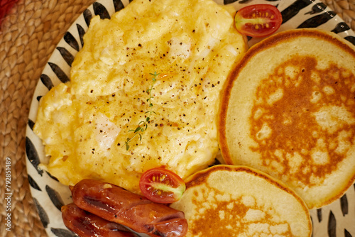 English breakfast with pancake