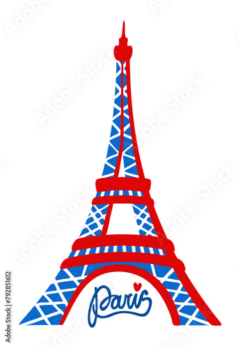 Eiffel tower in colors of french flag. Paris, France. Bright vector isolated illustration with lettering.