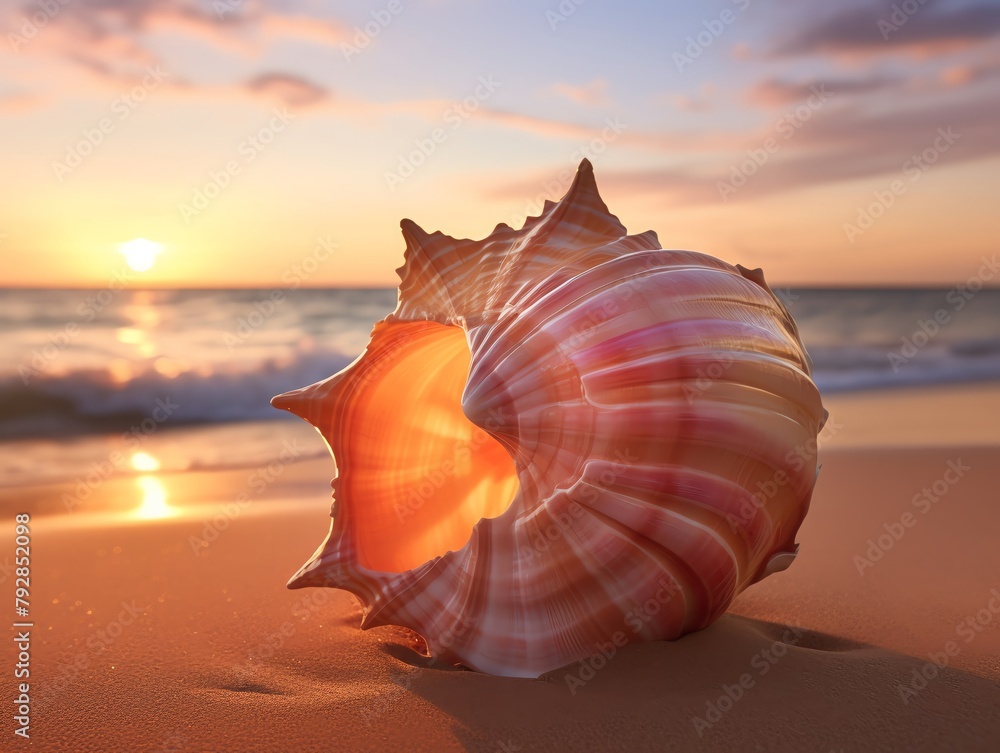 Closeup of a Triton shell on a sandy beach, waves gently lapping at its side, sunset casting warm hues over the scene Closeup of a Triton shell on a sandy beach, waves gently lapping at its side, sunset casting warm hues over the scene