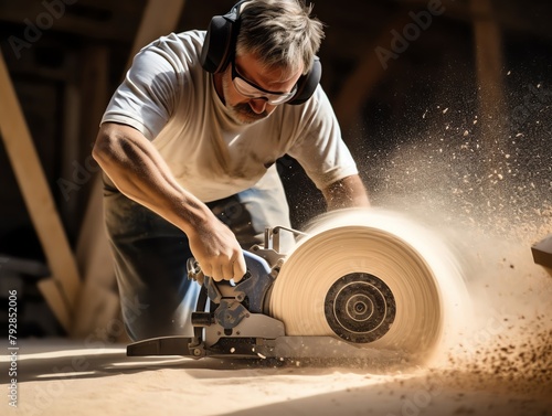 Closeup of a carpenter using a circular saw on a piece of wood, sawdust flying, action shot capturing craftsmanship