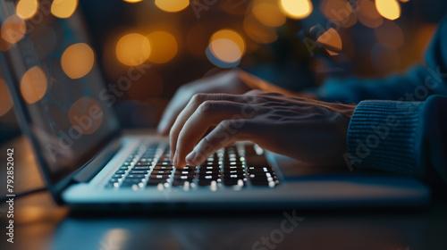 Close-up of hands typing on a backlit laptop keyboard for modern technology and business themes.