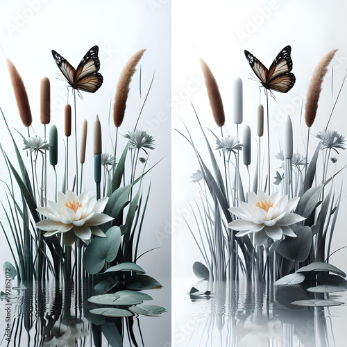 Juncos saliendo del agua con una flor blanca y una mariposa sobrevolando por encima. photo