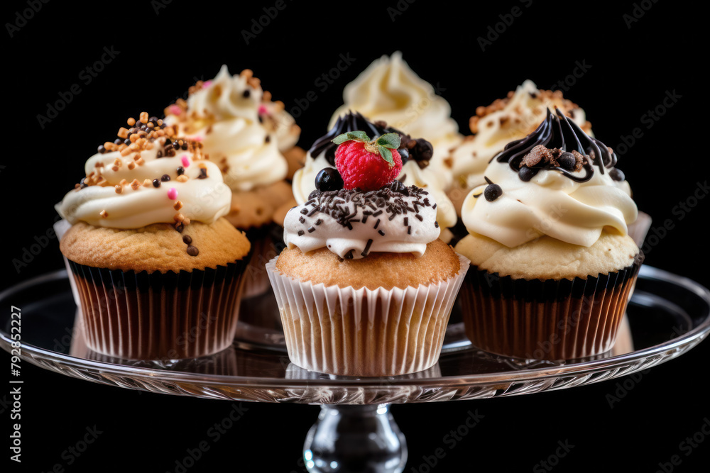 delicious cupcakes on a dark background, delicious confectionery dessert, close-up