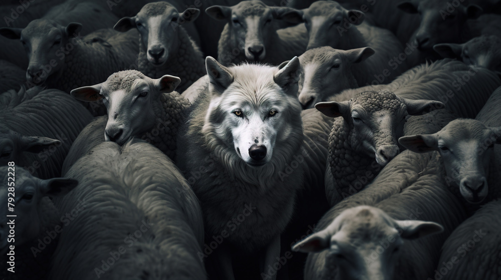 A Wolf in Sheep's Clothing on Blurry Background A Wolf in Sheep's Clothing on Blurry Background