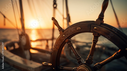 Detailed closeup of a ships helm against a sunset, focus on the wooden texture, concept of navigation and leadership