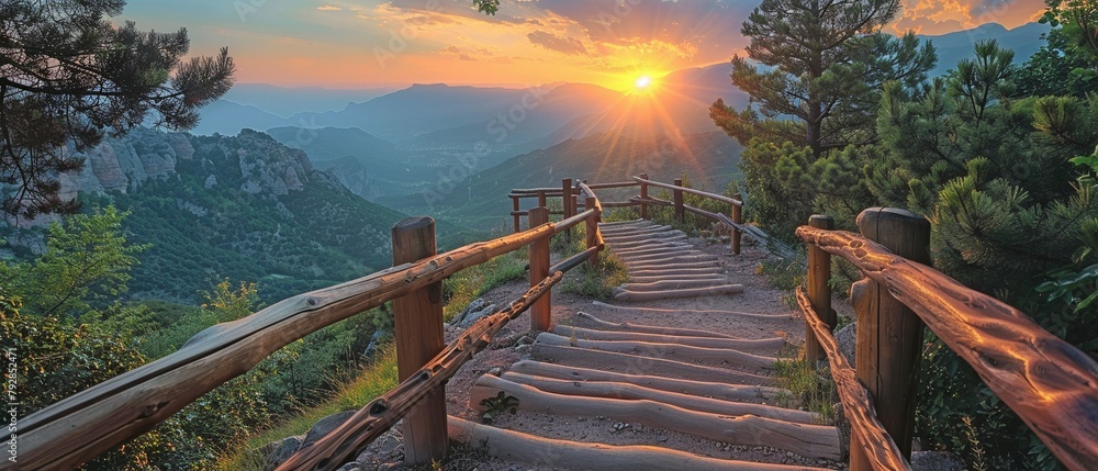 A wooden stairway with a backdrop of sunset light and views of mountains. A wooden stairway with a backdrop of sunset light and views of mountains.