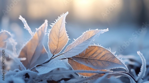 Frostcovered leaves on a cold morning, ice crystals highlighting the veins and edges, winters touch on nature