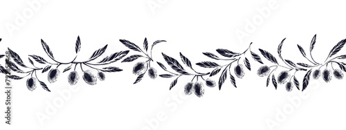 Olive art seamless border. Vector texture linocut