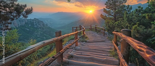 A wooden stairway with a backdrop of sunset light and views of mountains. photo