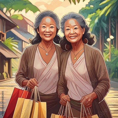 Identical twin sisters with shopping bags