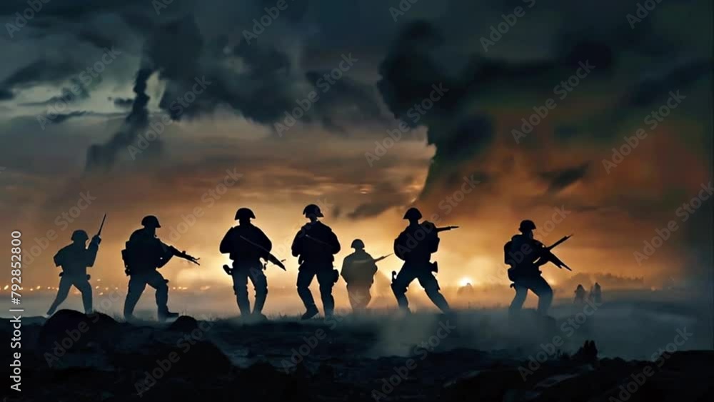 Group of military soldiers move into position in war. Generated with AI Group of military soldiers move into position in war. Generated with AI