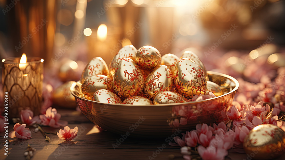 Easter Eggs In Golden Bowl With Candles and Pink Flowers On The Table Focus on Foreground Easter Eggs In Golden Bowl With Candles and Pink Flowers On The Table Focus on Foreground