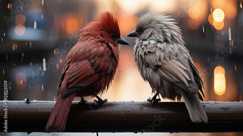 Two Cardinal Birds Sitting on a Post on Blurry Background