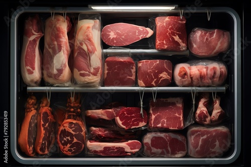Vacuumpacked cuts of meat displayed in a freezer, emphasizing meat preservation and storage solutions photo