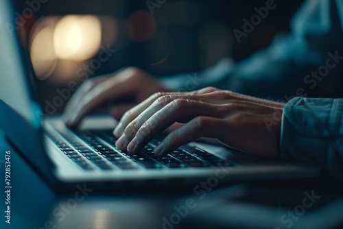 Close-up of adult hands typing on laptop keyboard at night, ideal for technology and business themes.
