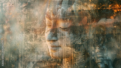 Softly blurred portraits of longlost civilizations adorn the walls enveloped in a hazy mist of time and mystery. . photo