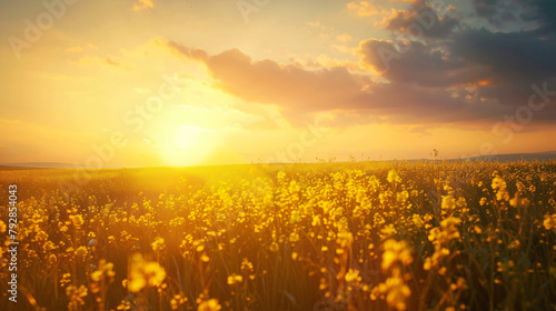 Agriculture scene of sun setting over the yellow meadow