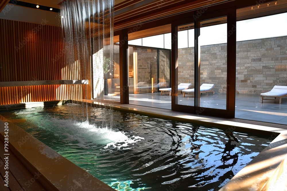 Modern indoor pool with waterfall in SPA at luxury zen hotel