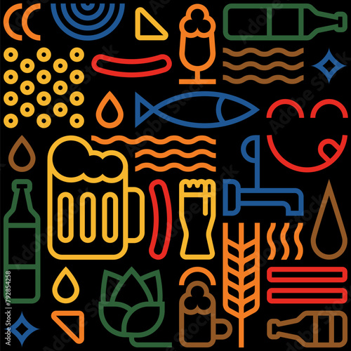 Beer, snack vector illustration. Glasses, mugs, hop colorful line icons for pub and bar design. Brewery tasting elements