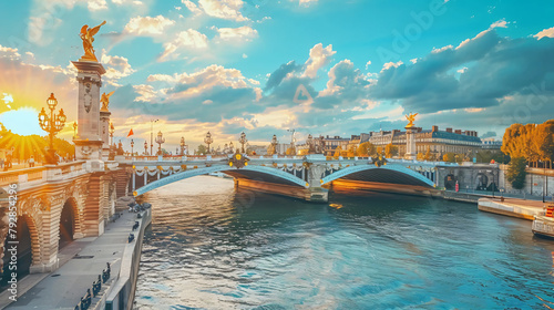Alexandre III bridge and Seine river in Paris France.