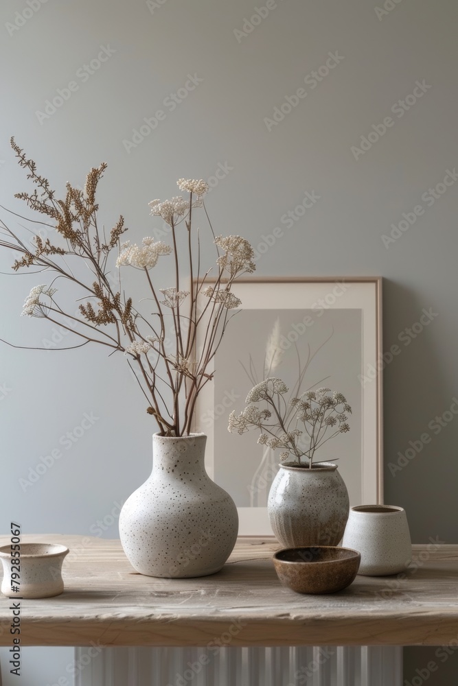 A wooden table with a ceramic vase of dried flowers.
