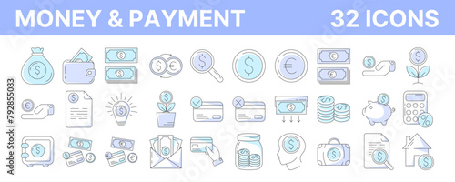 Money and payment methods, outline icon set. Editable stroke and color. Business and finance collection with cash, coin, banking, card, exchange, saving, transaction symbol. Vector illustration