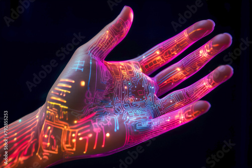 Humanoid hand with glowing digital signs. Learning AI model. Futuristic interaction of human and new technology. Scanning identity. Science research