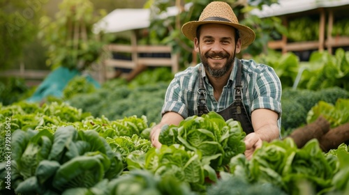 Visualize an integrated farmer using a pond for both fish farming and irrigation of crops, simple and effective on an isolated background, space for text photo