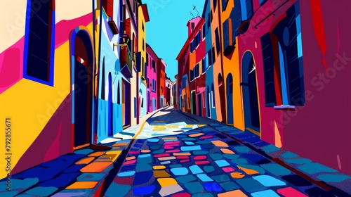 A playful pop art interpretation of a winding cobblestone street, colorful buildings, and stylized shadows