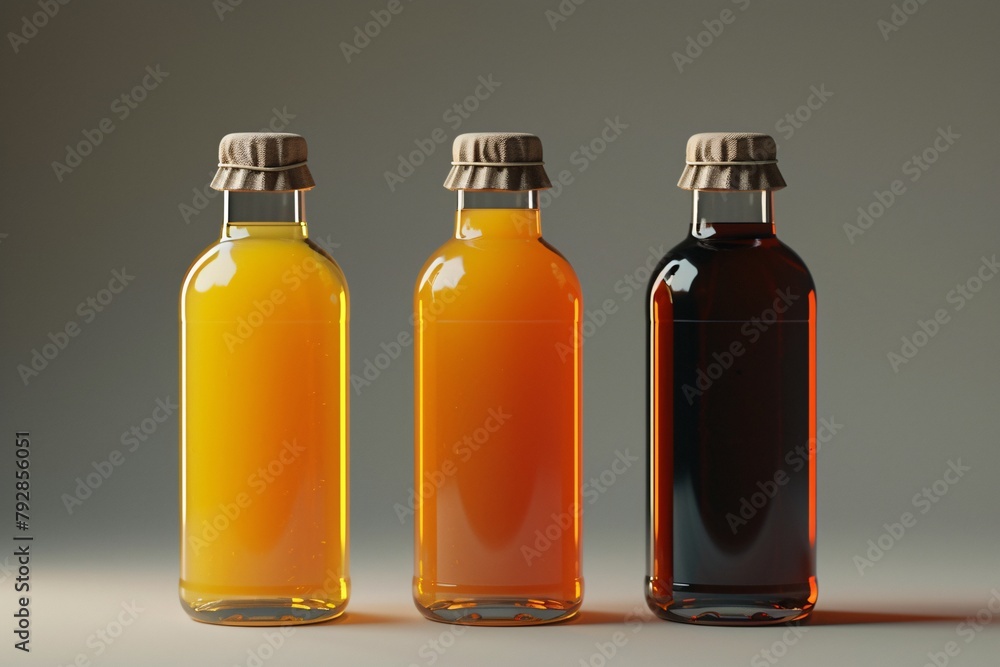 Three bottles with gradient colored juice stand against a soft grey background, indicating various flavors and choices