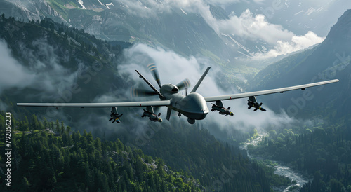 A sleek military drone soaring above the forest, capturing the distant mountains and clouds in high definition with its camera
