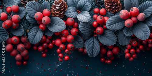 Christmas background  with cones, red berries on blackbackground top view with copy space. Holiday background. photo