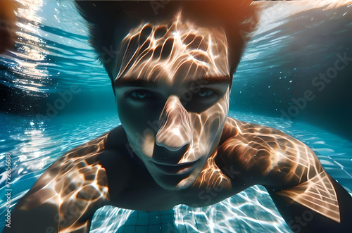 Un hombre buceando haciéndose una foto bajo el agua clara y azul de una piscina con causticas. photo