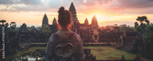 The golden sunrise surrounds a solitary backpacker at Angkor Wat, creating a majestic scene. photo