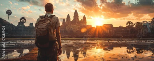 A backpacker alone before Angkor Wat as the golden sunrise casts a serene glow over the temple. photo