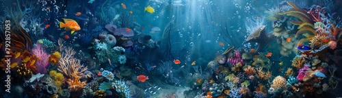 A beautiful and vibrant coral reef with a variety of fish swimming around. photo