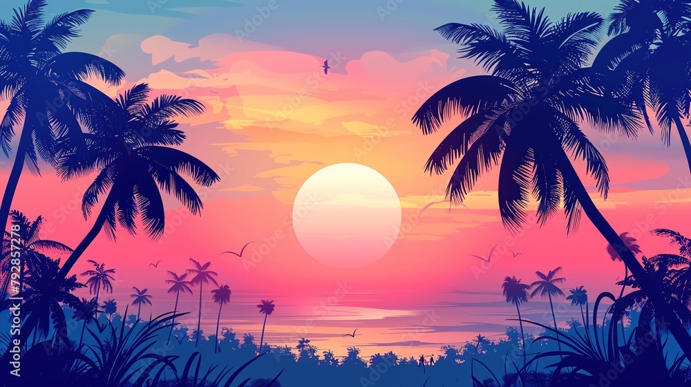 Summer tropical background with palm trees, sky and sunset. Summer poster flyer invitation card