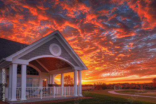 New construction clubhouse under a fiery sunset sky, with a white porch and gable roof featuring a semi-circle window.