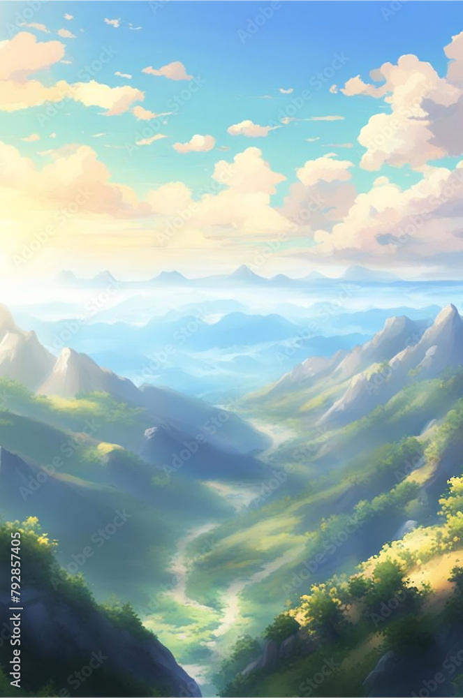 Mountain peaks in anime style: mountain landscape with clouds Mountain peaks in anime style: mountain landscape with clouds