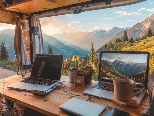 A cozy workspace in a van with a view of the mountains. photo